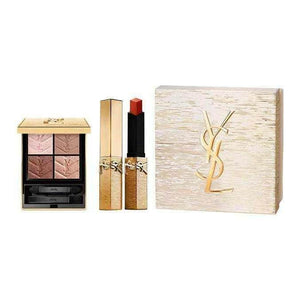 YSL Makeup Set with #025 Shimmer Eyeshadow and #1936 Matte Gold Bar Lipstick in gold-tone packaging