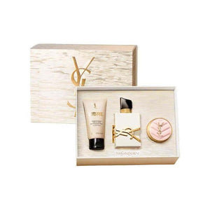 YSL Saint Laurent Summer Delight fragrance set with matte white bottle, gold logo, pink pouch, and wooden box