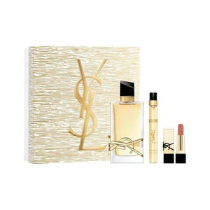 YSL Eau de Parfum Set with elegant glass bottle, golden liquid, black cap, gold accents, luxury gift box, portable fragrance, and nude lip color