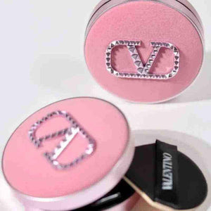 Pink velvet Valentino Beauty Limited Pink foundation cream compact with applicator and silver logo detailing