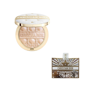 Dior Forever Glow compact with gold case and white quilted lid featuring stars and honey-toned radiant powder