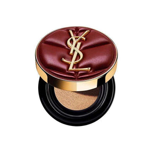 YSL Saint Laurent limited edition burgundy leather cushion makeup compact with gold logo and round case