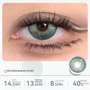 Close-up of an eye wearing "Almalis beauty Green" contact lenses, featuring a multi-toned, bright teal and green pattern. Specifications: 14.2mm diameter, 13.6mm graphic diameter, 8.5mm base curve, 40% water content.