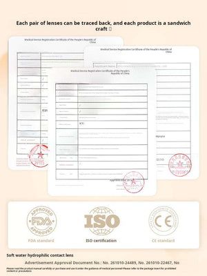 Documentation page showing official certification forms and stamps, including FDA, ISO, and CE logos, guaranteeing product authenticity.