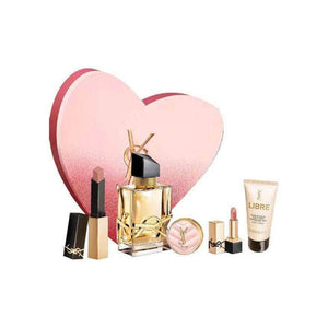YSL Libre Luxury Perfume and Makeup heart-shaped gift set with Eau de Parfum, body cream, lipsticks, and air cushion compact