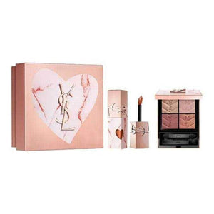 YSL Limited Edition marble heart makeup set with eyeshadow palette and lip lacquer in pink and gold packaging