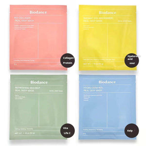 Four Biodance facial mask packages in different colors on a white background