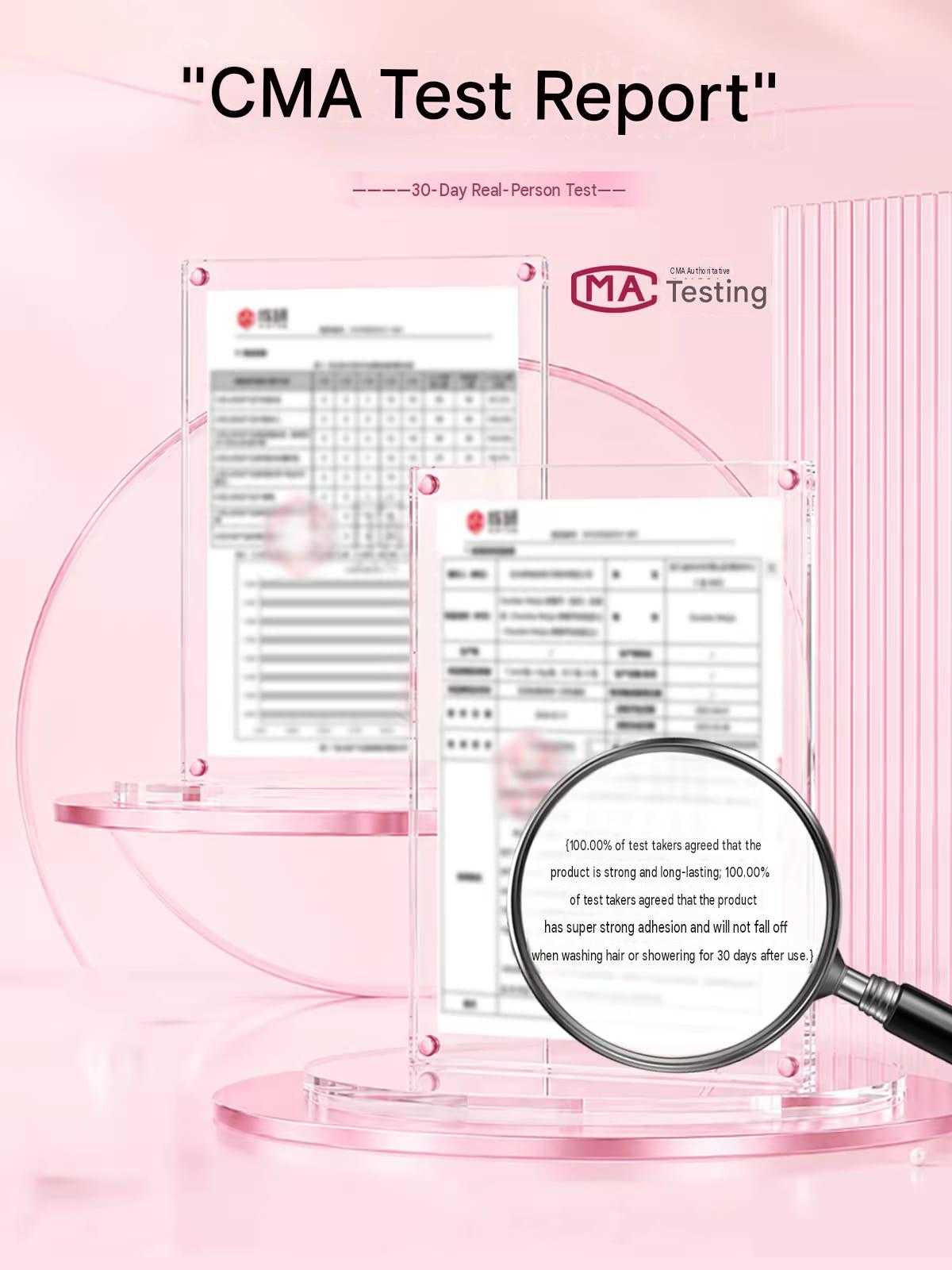 A pink promotional graphic for a CMA Test Report, showing clear acrylic document holders with printed test report pages, a magnifying glass, and an MA Testing logo on a soft pink background.