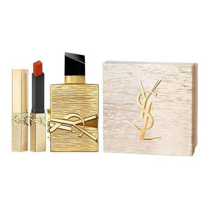 YSL Luxury Gold Set with Libre Perfume 50ml and Slim Matte Lipstick in gold packaging