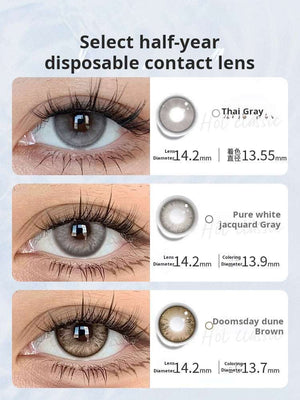 Infographic titled "Select half-year disposable contact lens" displaying three close-up examples of different colored lenses on eyes with their respective measurements.
