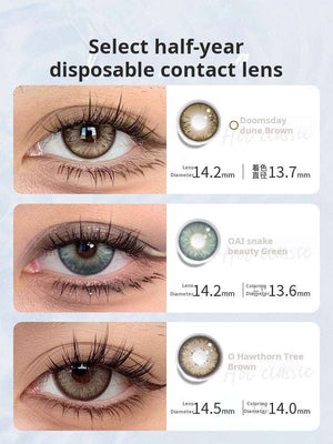 Infographic titled "Select half-year disposable contact lens" displaying another set of three close-up examples of colored contact lenses with specifications.