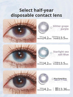 A close-up comparison of three lens shades: Glitter Grape Purple, Starlight Sea Salt Blue, and Blue Friend Blue