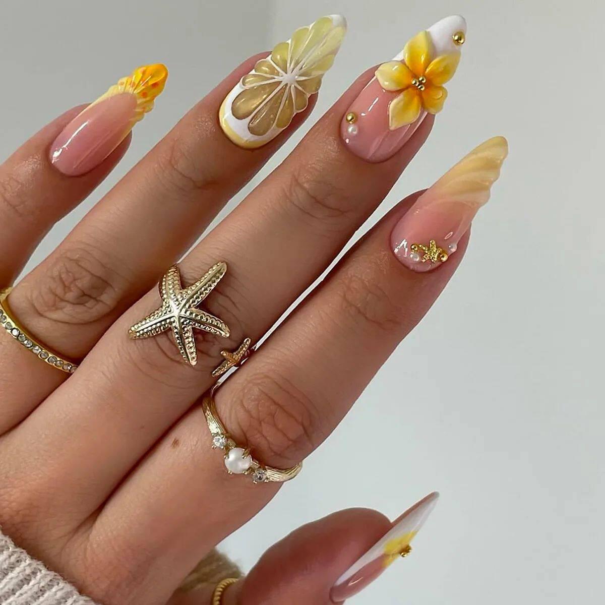 24Pcs Sweet Cool Almond Nail Set Press on Acrylic Nails 3D F.