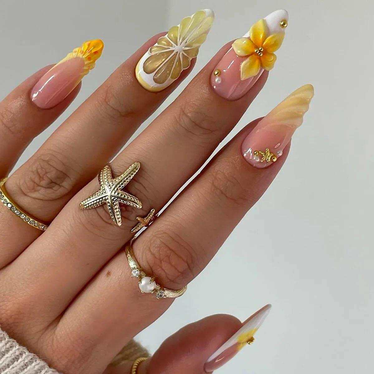 24Pcs Sweet Cool Almond Nail Set Press on Acrylic Nails 3D F.