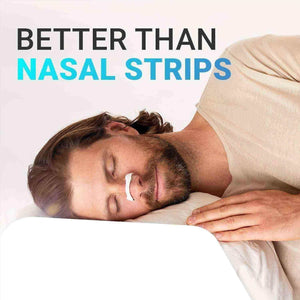 Man sleeping comfortably with a nasal breathing dilator, text reads "Better than nasal strips."