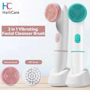 Electric face cleansing brush with dual heads and sonic vibration technology for deep pore exfoliation and facial skin care.