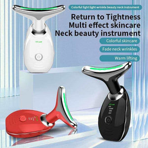 LED neck massager beauty device with triple color LED therapy and EMS technology for wrinkle removal and skin tightening