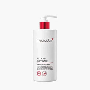 Medicube Red Acne Body Wash bottle with clear liquid and exfoliating cleanser for acne-prone skin