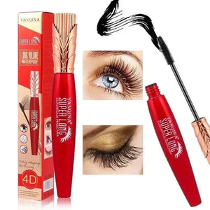 4D Silk Fiber Lash Mascara tube with brush showing waterproof, smudge-proof intense black lashes for long-lasting volume and length