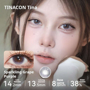 Model wearing Sparkling Grape Purple lenses with a 14.2mm diameter and subtle glitter effect.