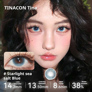 Model showcasing Starlight Sea Salt Blue lenses, featuring a soft blue tone without a dark outer ring.