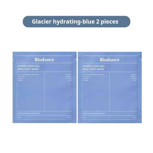 Two Biodance Glacier hydrating-blue real deep masks on a white background