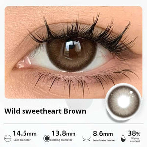 Close-up of an eye wearing "Wild sweetheart Brown" contact lenses, with a prominent dark ring and rich brown center. Specifications: 14.5mm diameter, 13.8mm graphic diameter, 8.6mm base curve, 38% water content.