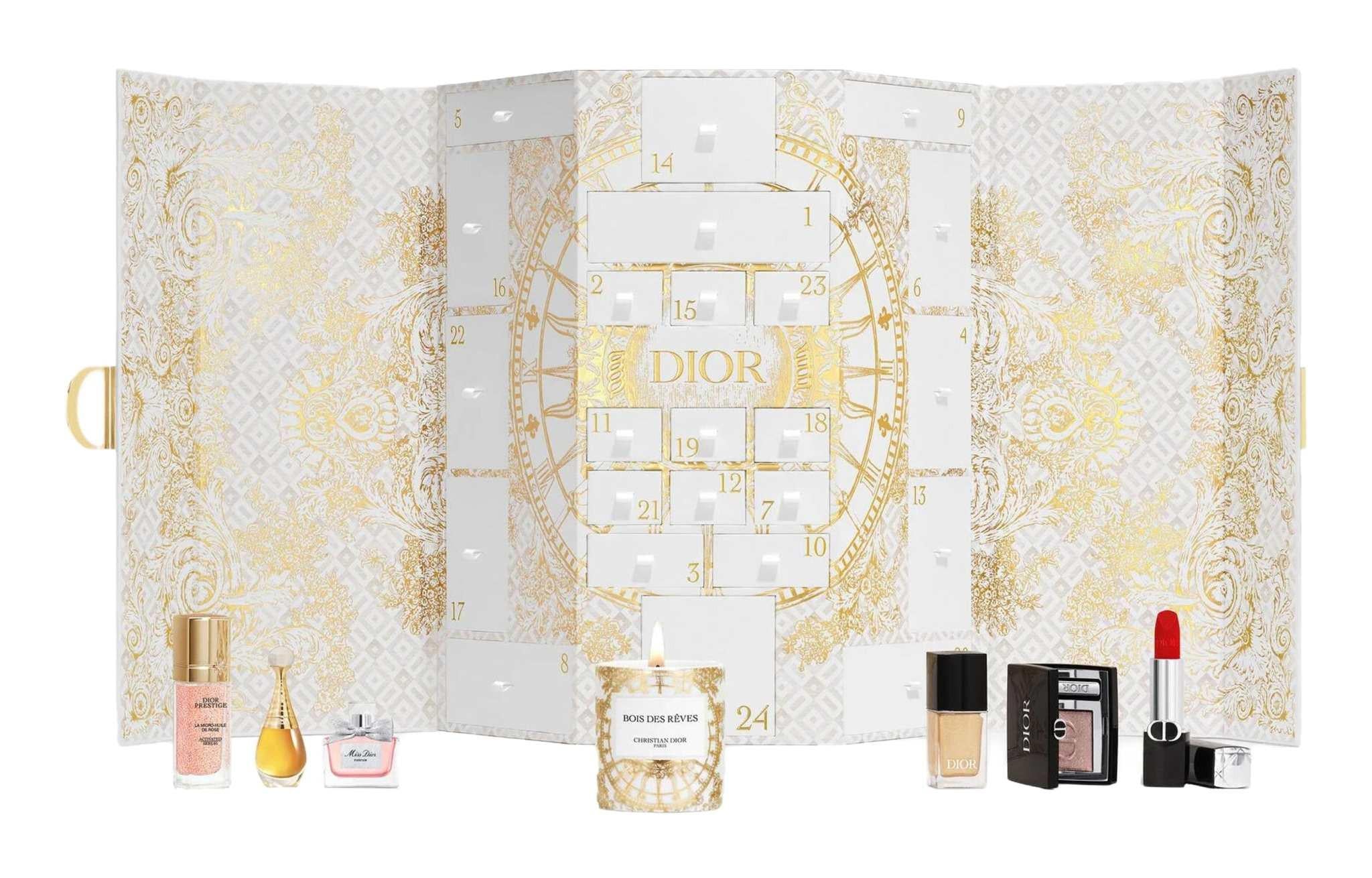 dior christmas limited edition مع 24 عينة عطرية ومستحضرات تجميل بمظهر ذهبي أنيق