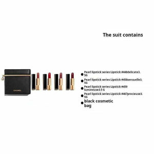Product infographic showing CHANEL Pearl Pouch and 4 Rouge Allure Velvet lipsticks.
