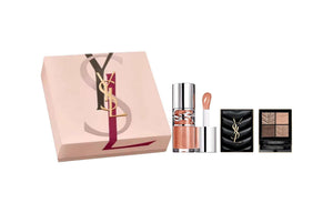 YSL Beauty Makeup Gift Set with 4-color eyeshadow palette and radiant lip gloss duo in luxury quilted case