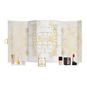 تقويم عطلات ديور الفاخر مع عينات عطرية ومنتجات تجميل بتصميم أبيض ذهبي فاخر