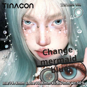 Creative fantasy makeup look featuring Tinacon Mermaid Blue lenses, highlighting the explosive blue pigmentation for cosplay and artistic styles.