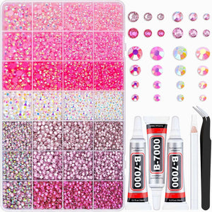 Pink assortment of Flatback Gems and round crystals in organized storage box with glue and wax pen.