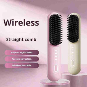 Wireless hair straightening comb with LED display and four-speed adjustment, available in pink and beige.