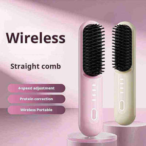 Wireless hair straightening comb with LED display and four-speed adjustment, available in pink and beige.