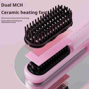 Dual MCH ceramic hair comb with fast heating technology, showcasing sleek pink design and temperature control features.