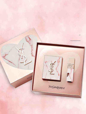 YSL Pink Marble Limited Edition Heart Makeup Gift Set with luxury lipstick and cushion foundation in marble-heart packaging