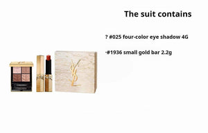 YSL Saint Laurent Limited Edition Gold Two-Piece Makeup Set: Natural Complexion Quad Eyeshadow Palette (4g) + Mini Gold Bar Lipstick (2.2g) - A perfect birthday or New Year's gift for your girlfriend.