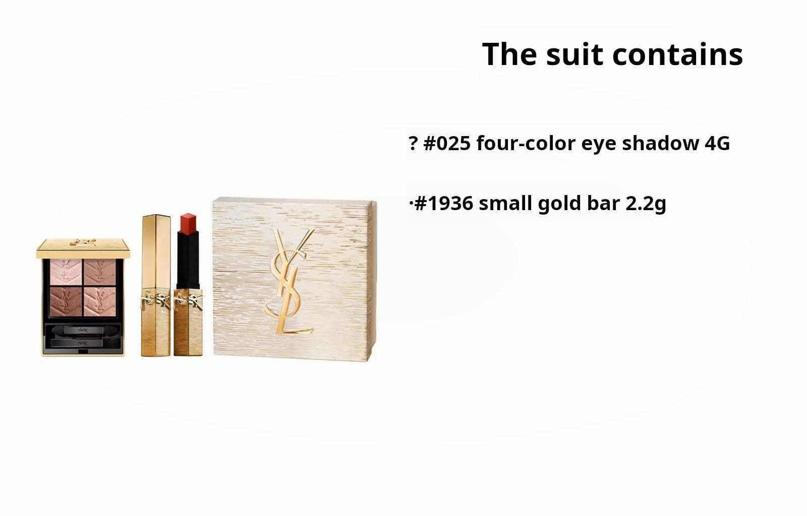 YSL Saint Laurent Limited Edition Gold Two-Piece Makeup Set: Natural Complexion Quad Eyeshadow Palette (4g) + Mini Gold Bar Lipstick (2.2g) - A perfect birthday or New Year's gift for your girlfriend.