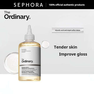 The Ordinary Formula Glycolic Acid 5% toner bottle highlighting exfoliation and radiance benefits