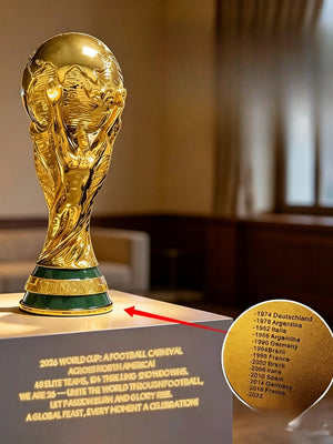مجسم كأس العالم FIFA بطلاء ذهبي لامع وفخامة التصميم.