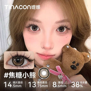 Model showcasing Tinacon Caramel Teddy Bear brown contact lenses with a soft, enlarging layout.
