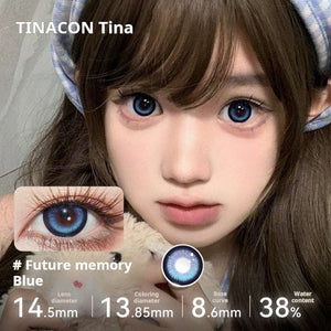 Model wearing Tinacon Future Memory Blue cosmetic contact lenses with a defined outer ring for an anime doll effect.