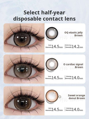 Close-up technical infographic displaying the half-year disposable lens dimensions, diameter, and base curve.