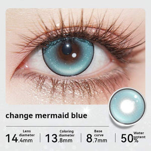 Detailed macro view of the Tinacon Mermaid Blue lens texture and color opacity, showing the 13.8mm coloring diameter and natural pupil blend.
