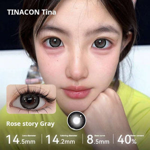 Model showcasing Tinacon Rose Story Gray contact lenses with 40 percent water content for smooth blending.