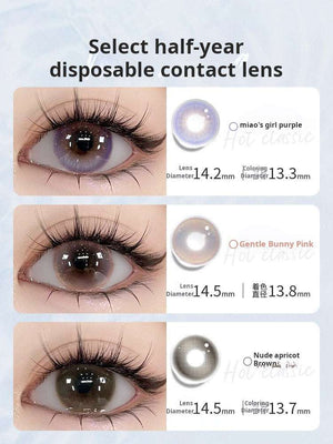Infographic titled "Select half-year disposable contact lens" showing three close-up examples of colored lenses on eyes with base curve and diameter specs.