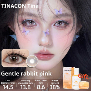 Close-up of an eye wearing Gentle rabbit pink lenses, featuring a soft pastel pink tint. Specs: 14.5mm diameter, 13.8mm graphic diameter, 8.6mm base curve, 38% water content.