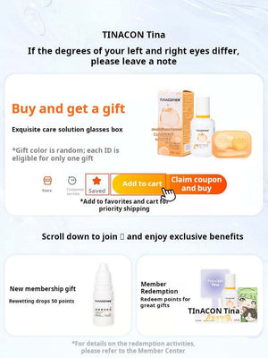 Infographic with English text "Buy and get a gift" showing a bottle of contact lens care solution, a lens case, and premium packaging boxes.