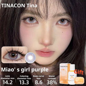 Close-up of an eye wearing Miao's girl purple lenses. Specs: 14.2mm diameter, 13.3mm graphic diameter, 8.6mm base curve, 38% water content.